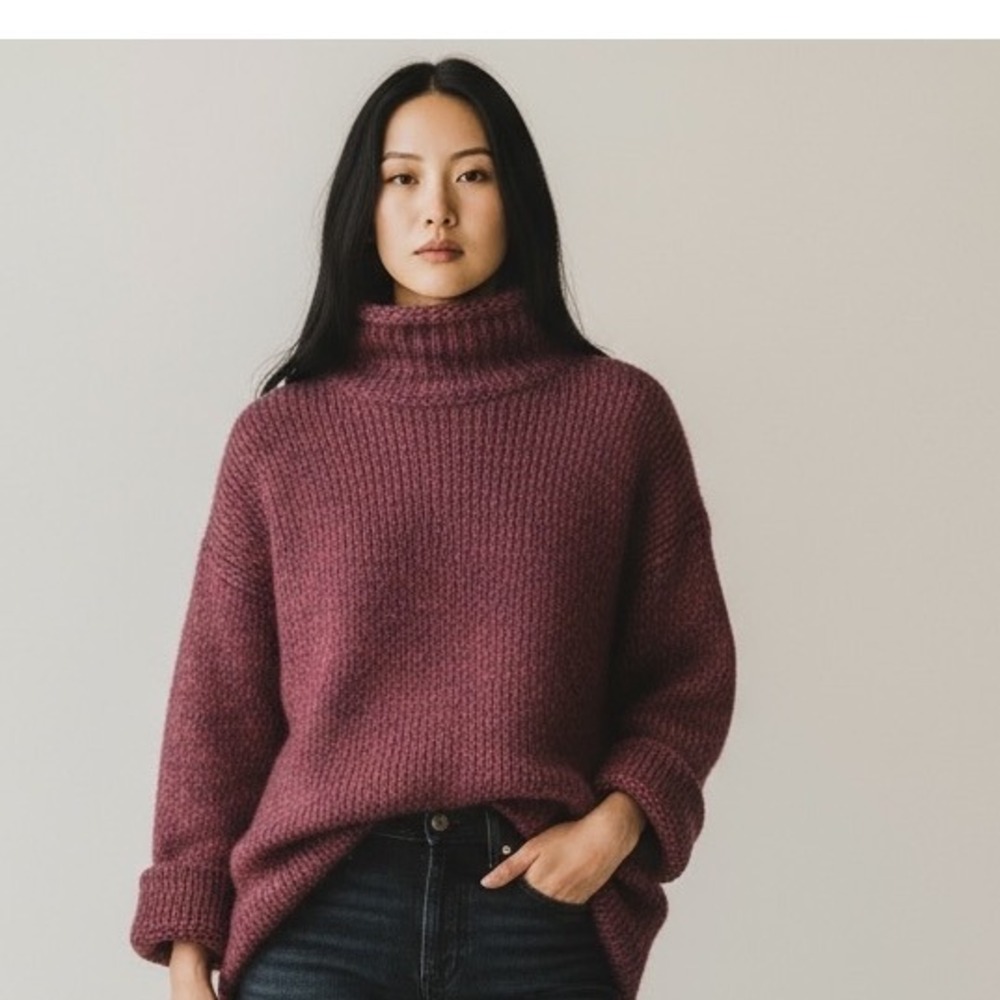 Women's Chunky Mohair‎ Turtleneck Sweater Burgundy Long Sleeve Pullover